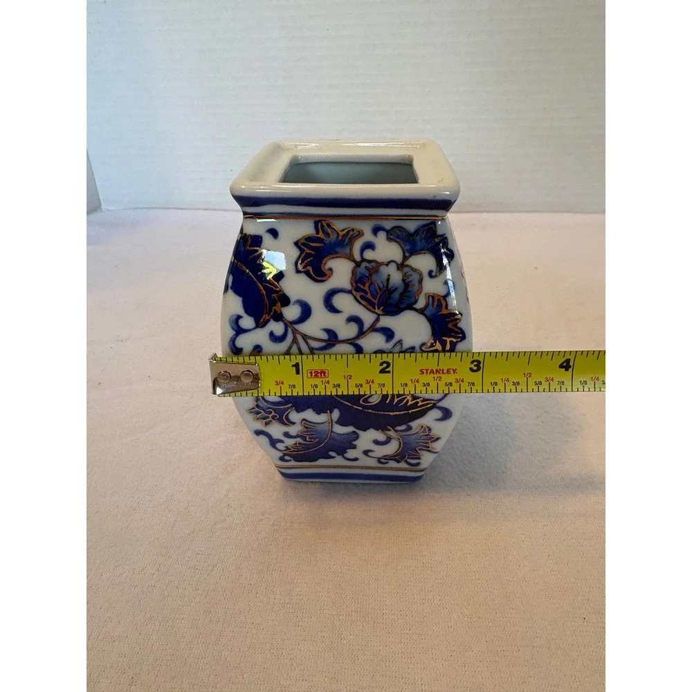 Blue and White Floral Ceramic Square Vase Gold Gilt Chinoiserie Decor Small‎
